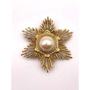 Vintage Givenchy Gold Tone Faux Pearl Starburst Brooch 2.5" Diameter Stunning